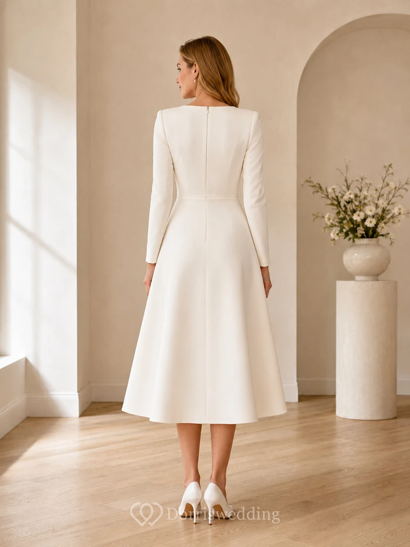 Vestido de novia sencillo de satén con escote barco y manga larga, estilo británico, hasta la rodilla. view 2