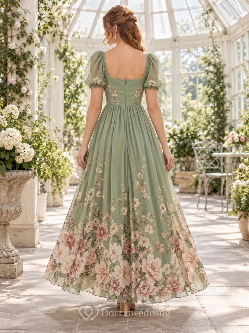 Vestido de invitada largo hasta el suelo de gasa con cuello cuadrado y mangas abullonadas, estampado floral en color verde salvia. view 2