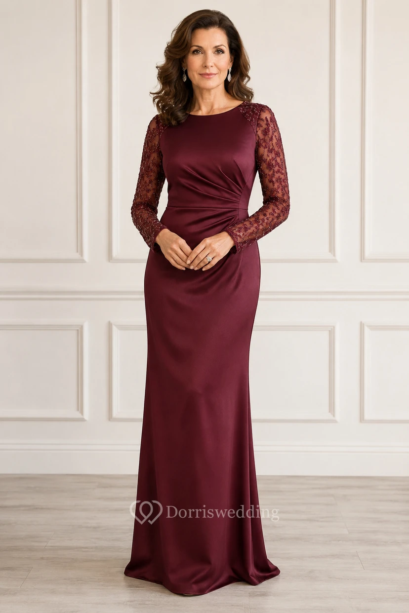 MOB-Kleid, burgunderrot, Jersey, Spitze, Etuikleid, lange Ärmel, Rundhalsausschnitt, bodenlang, gerafft