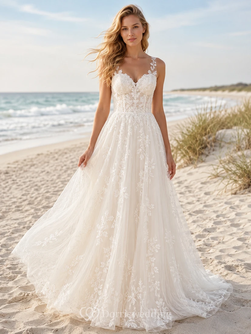Leichtes Brautkleid im Küsten- und Strandstil mit V-Ausschnitt und Spitze in A-Linie
