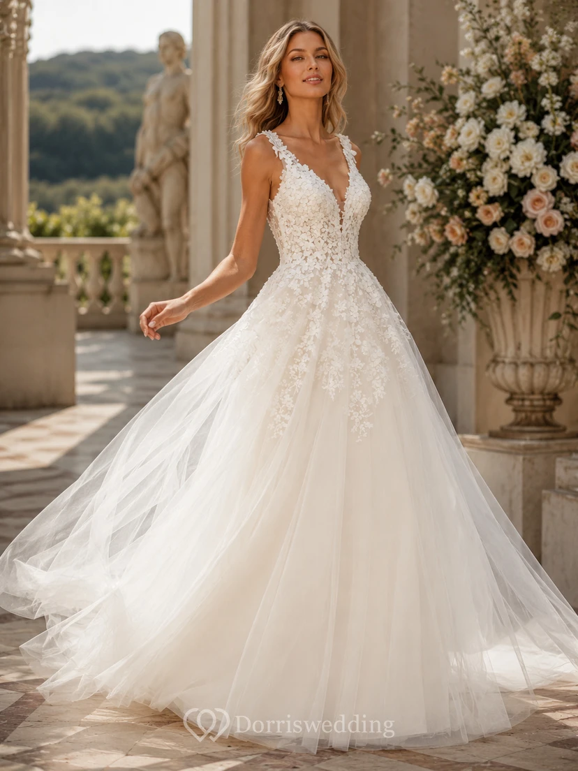 Elegantes, ärmelloses Empire-Brautkleid aus Spitze und Tüll mit V-Ausschnitt und A-Linien-Schnitt view 5