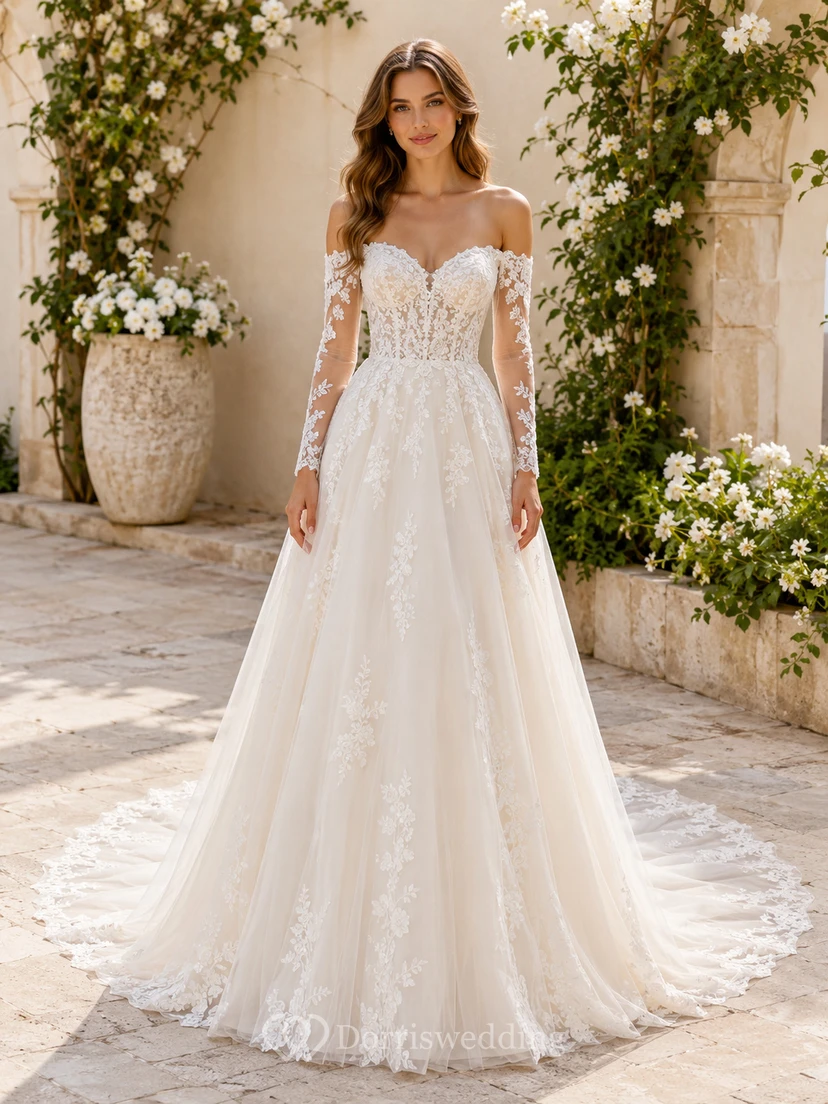 Robe de mariée romantique en dentelle, épaules dénudées, manches longues, coupe trapèze, bustier illusion chapelle