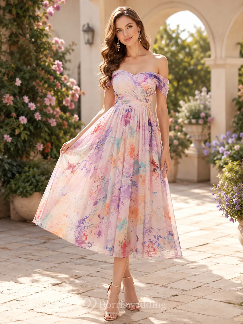 Pastel Paint Splash Off Shoulder Cocktail Midi Dress