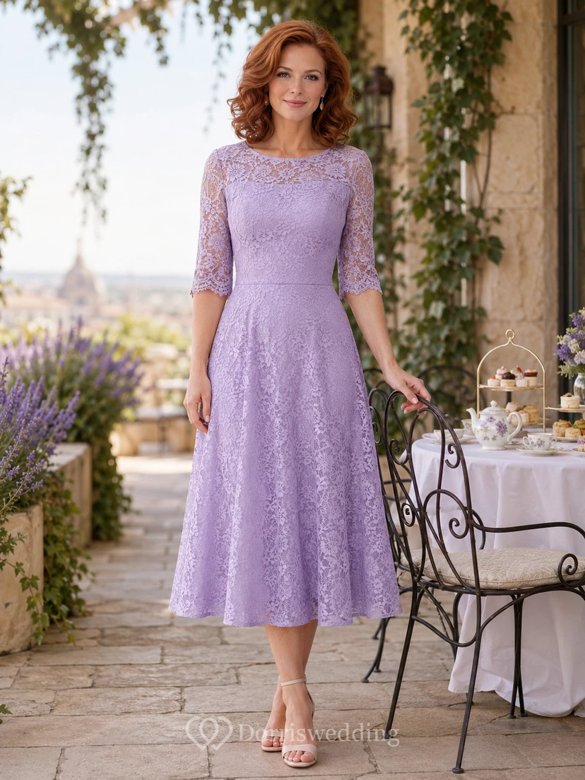 Lilac Three Quarter Sleeve Floral Lace Charity Tea Dress