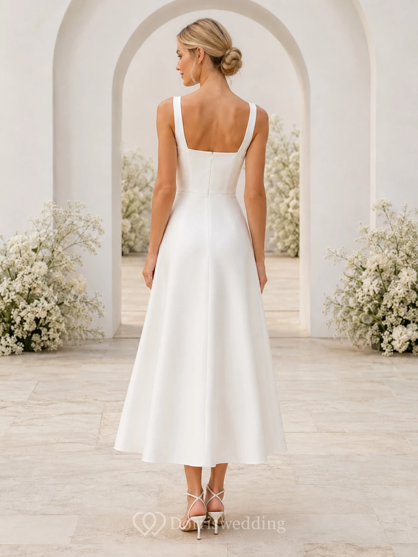 Robe de demoiselle d'honneur blanche en satin, coupe trapèze, col carré, longueur thé view 2