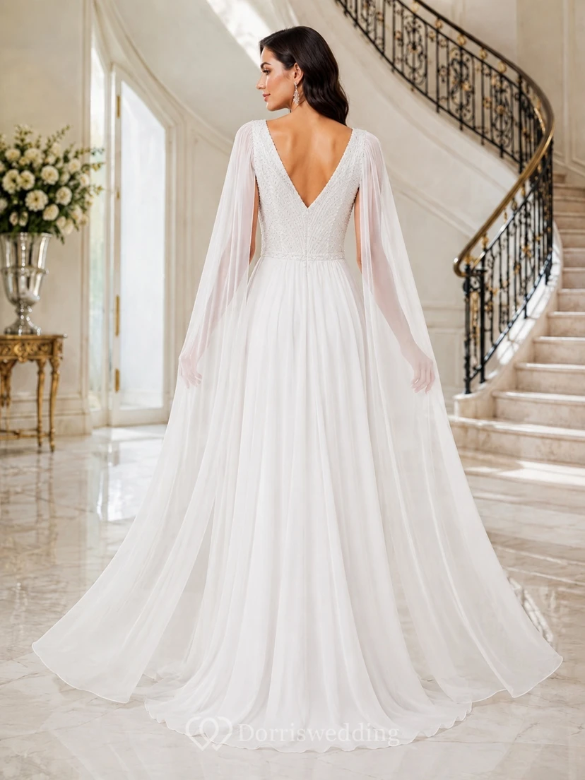 Robe de mariée élégante longue en dentelle perlée à col en V et manches cape, coupe trapèze, ornée de perles view 2