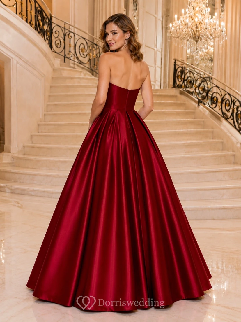 Satin Strapless Sweetheart Burgundy Ball Gown Evening Dress view 2