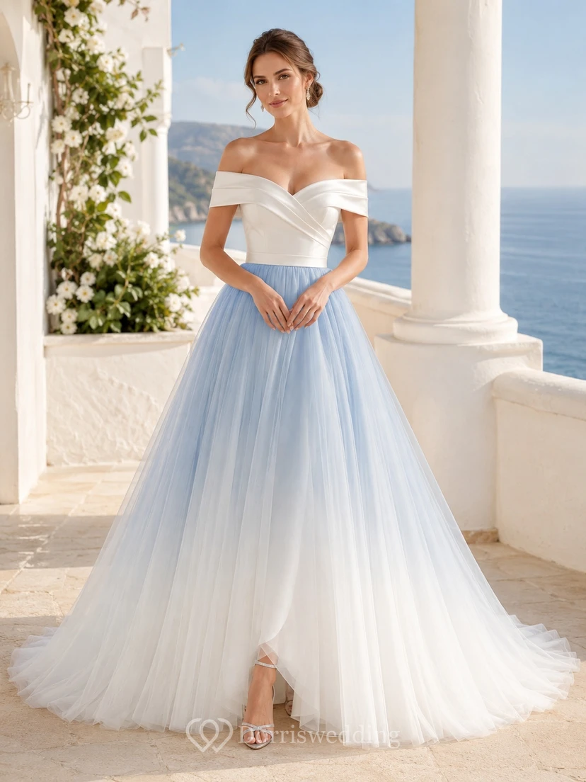 Blaues Ombré-Brautkleid aus Tüll in A-Linie mit schulterfreiem Ausschnitt, kurzen Ärmeln und Schleppe
