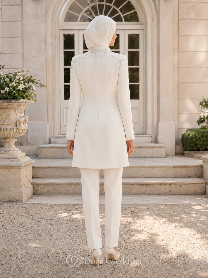 Modest Muslim Pearl Embellished Long Jacket Wedding Pantsuit view 2