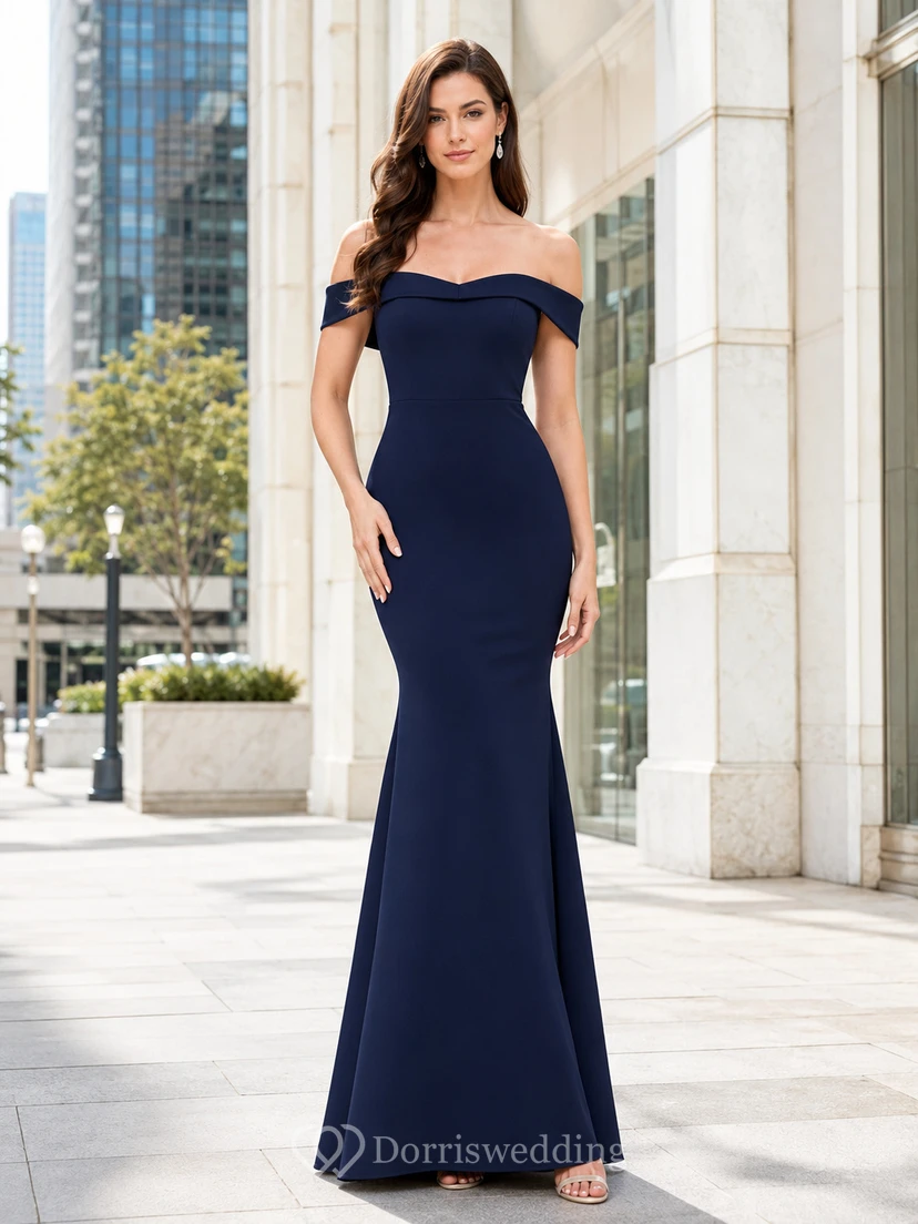 Upscale City Evening Dark Navy Elegant Sexy Mermaid Satin Bridesmaid Dress with Off Shoulder Sweetheart Sleeveless Floor-Length Ruching Zipper Back
