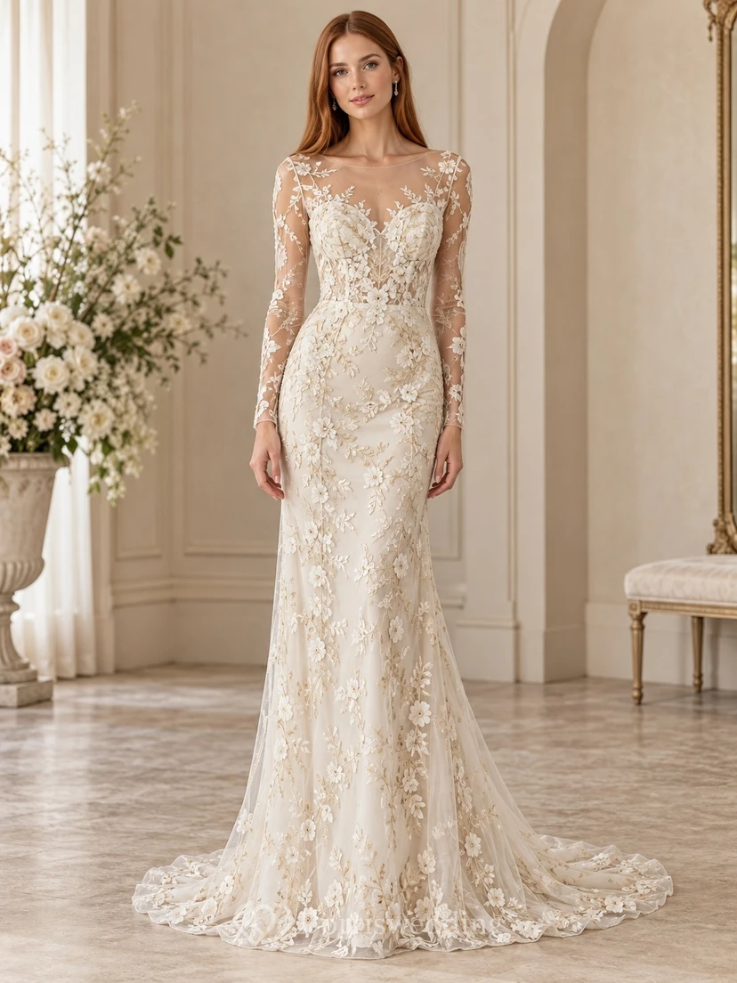 Long Sleeve Bateau Neck Floral Lace Fitted Train Wedding Dress