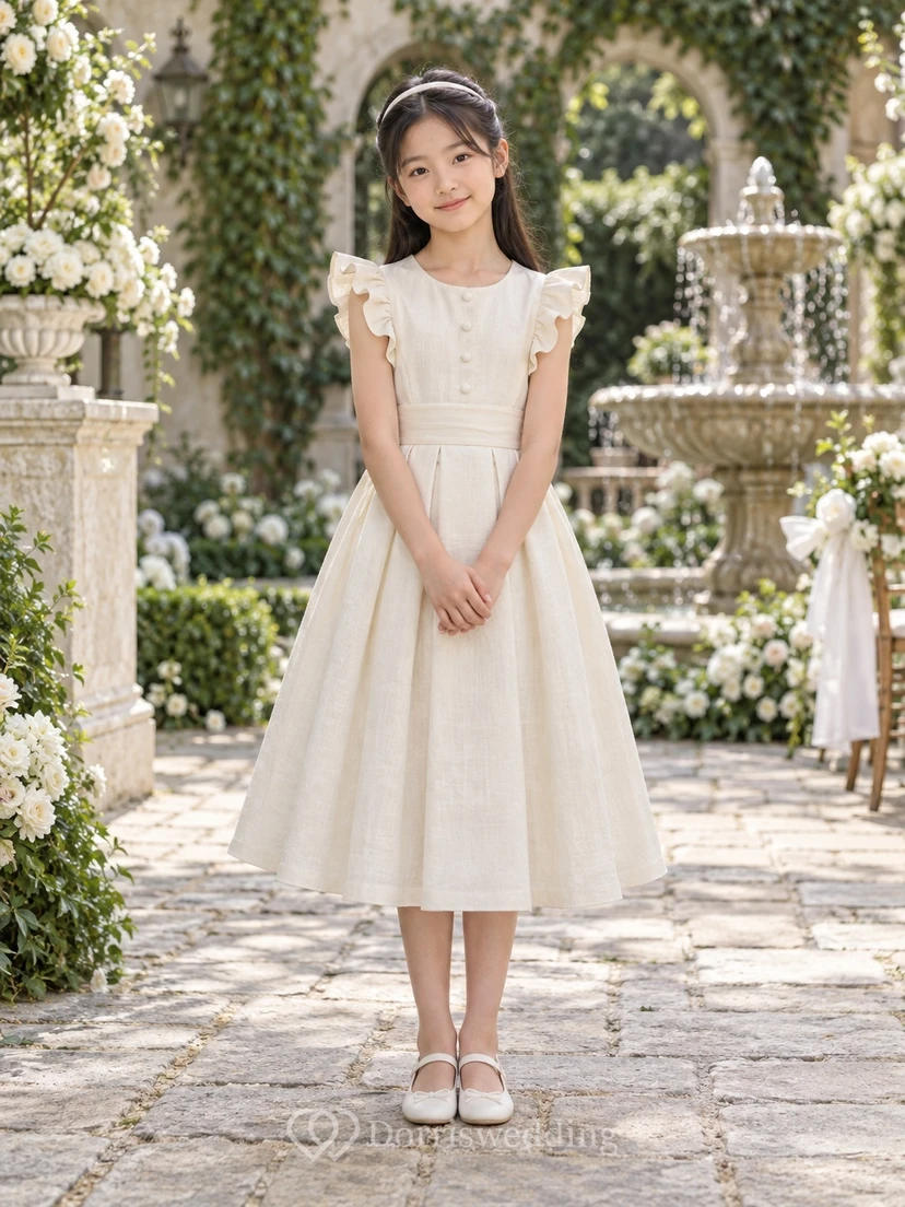 Tea-length Country Ivory A-line Pintucked Ruffle-sleeve Button-front Sashed Flower Girl Dress