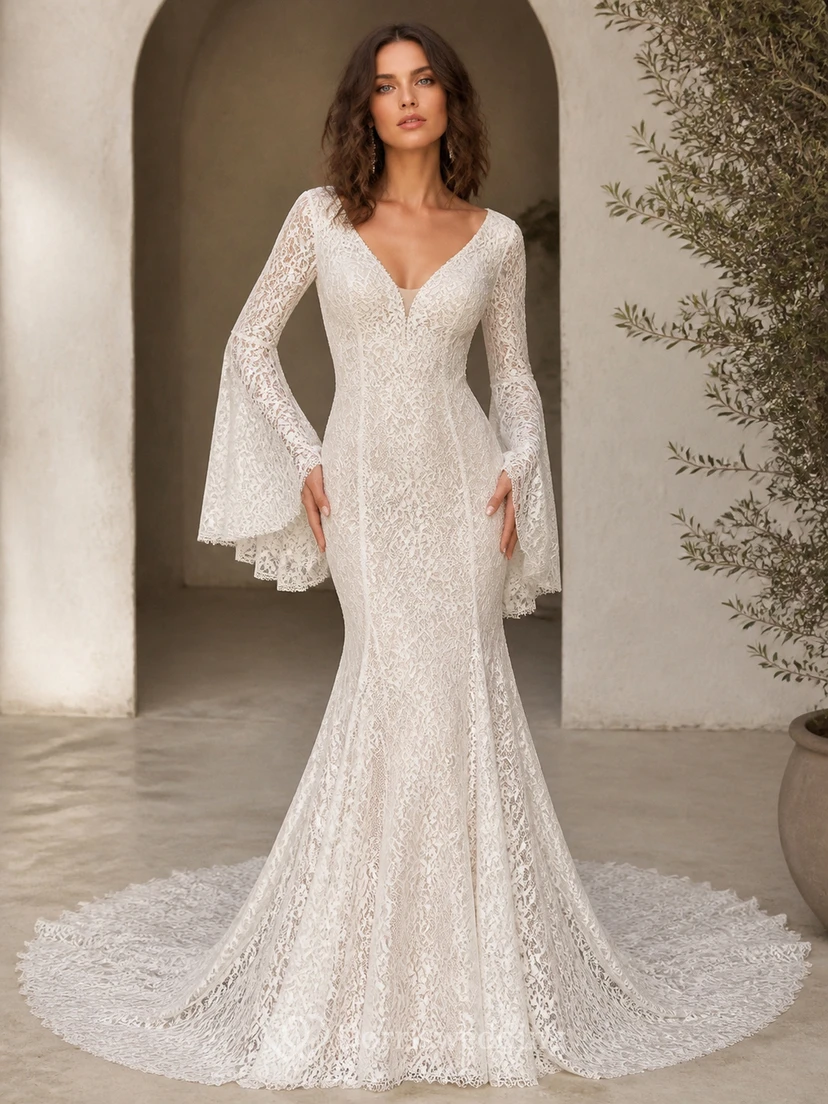 Vestido de novia estilo bohemio de sirena con mangas largas acampanadas y escote en V, estilo catedral, con encaje.
