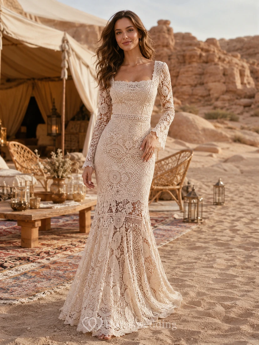 Vestido de novia bohemio de encaje de ganchillo con mangas largas estilo sirena para fugas románticas en el desierto