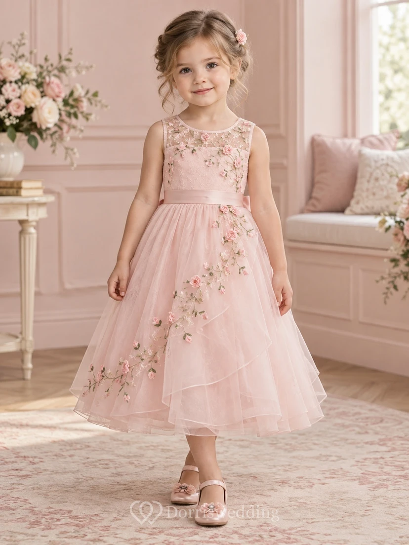 Teelanges, zartrosa geblümtes Sommerkleid in A-Linie aus Tüll, ärmellos mit Schärpe, Blumenmädchenkleid
