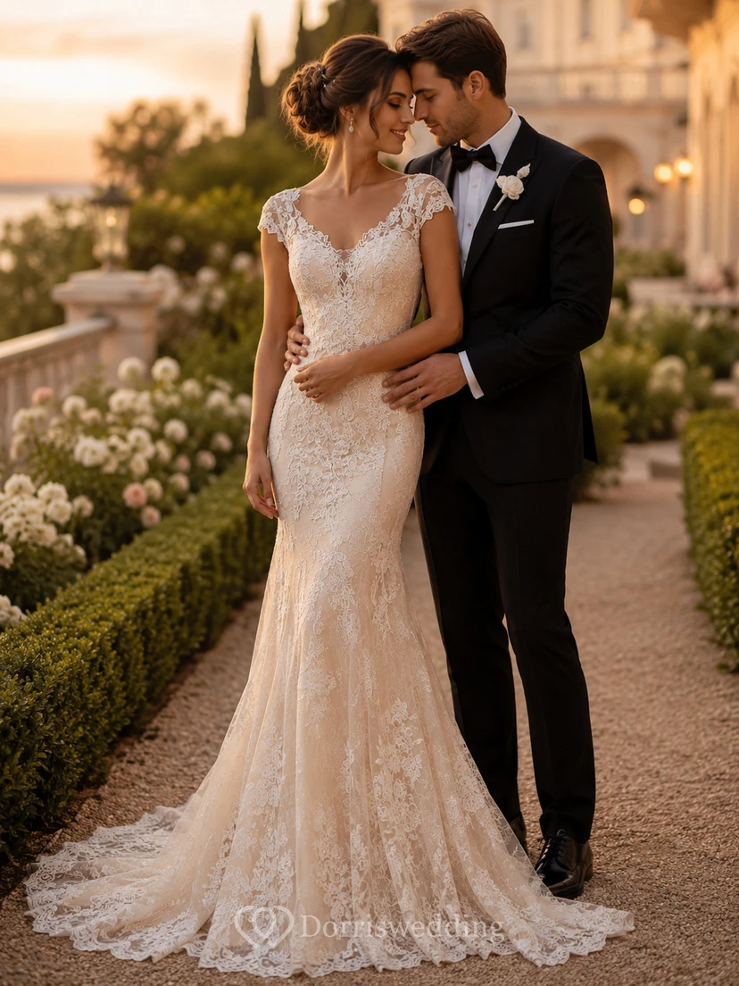 Robe de mariée sirène en dentelle à manches courtes et traîne festonnée view 3