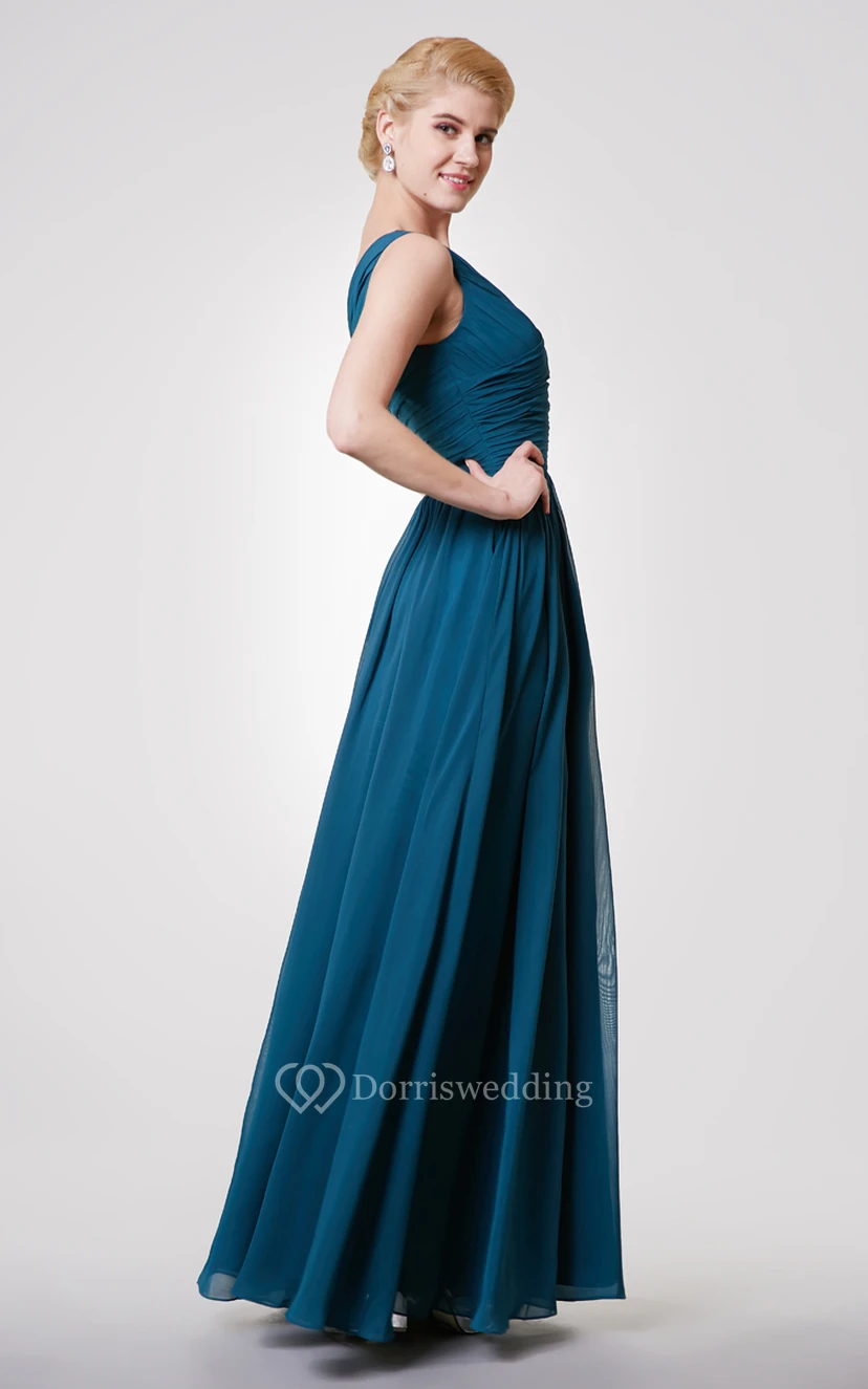 Unique One Shoulder A-line Chiffon Long Dress With Ruching view 3
