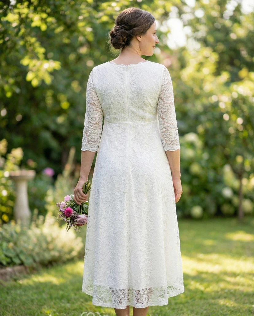 White Lace Maternity Wedding Dress with 3/4 Sleeves view 2
