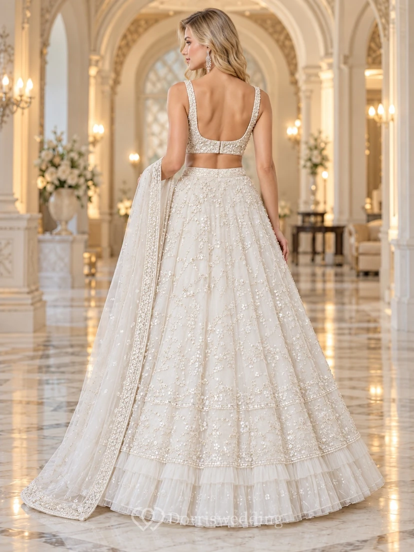 Two Piece Ivory Sweetheart Beaded Tulle Full Skirt Party Lehenga view 2