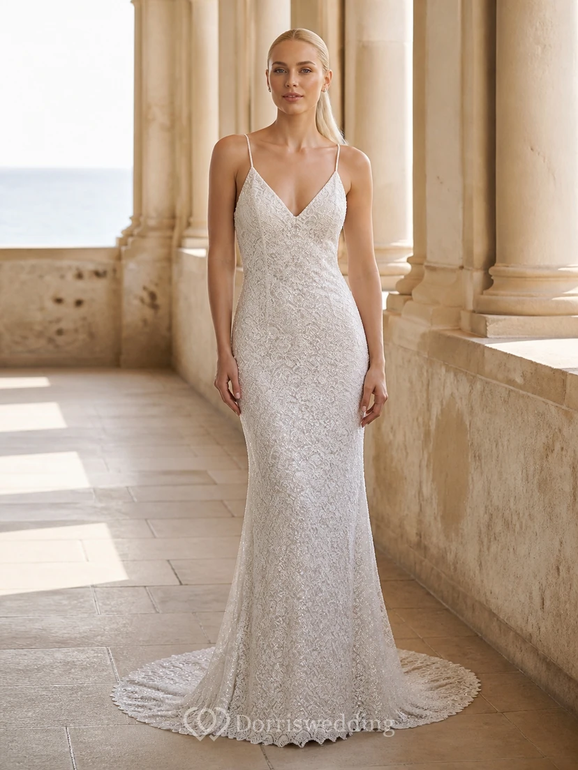Vestido de novia largo hasta el suelo, sexy, brillante, de tirantes finos, escote en V y sin mangas.