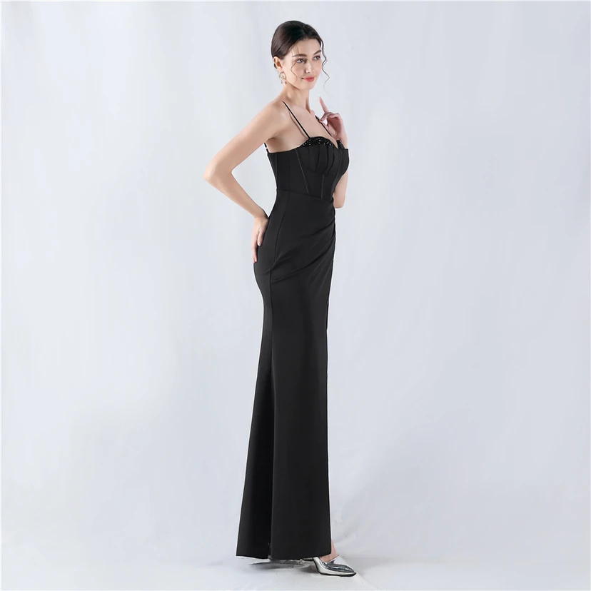 Fishbone Waist Set Crystal Diamond Satin Host Evening Dress view 40