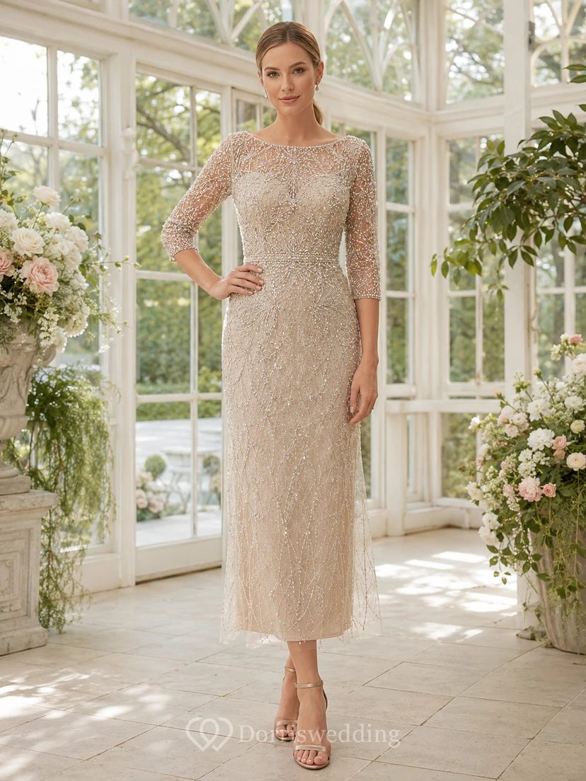 Robe fourreau champagne à manches trois-quarts et perles, style bateau.