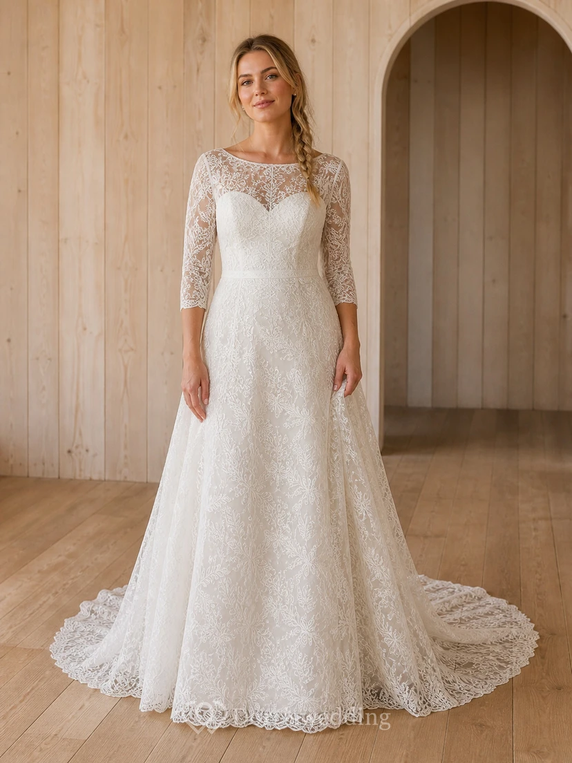 Vestido de novia de encaje con escote barco y mangas tres cuartos, corte A y modesto, estilo capilla.