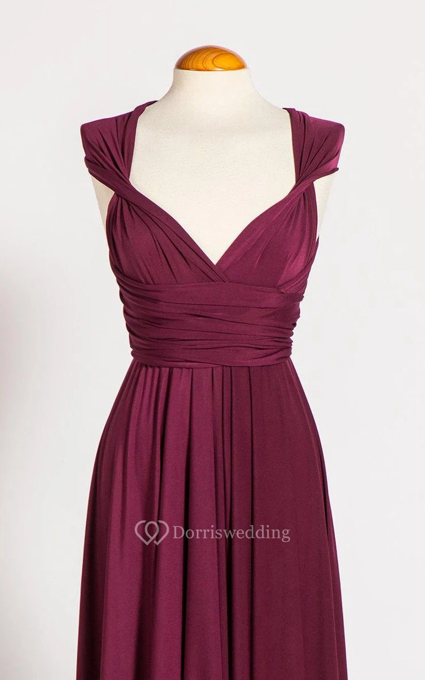V Neck Sleeveless Empire Pleated A-line Jersey Long Dress With Bandage view 5