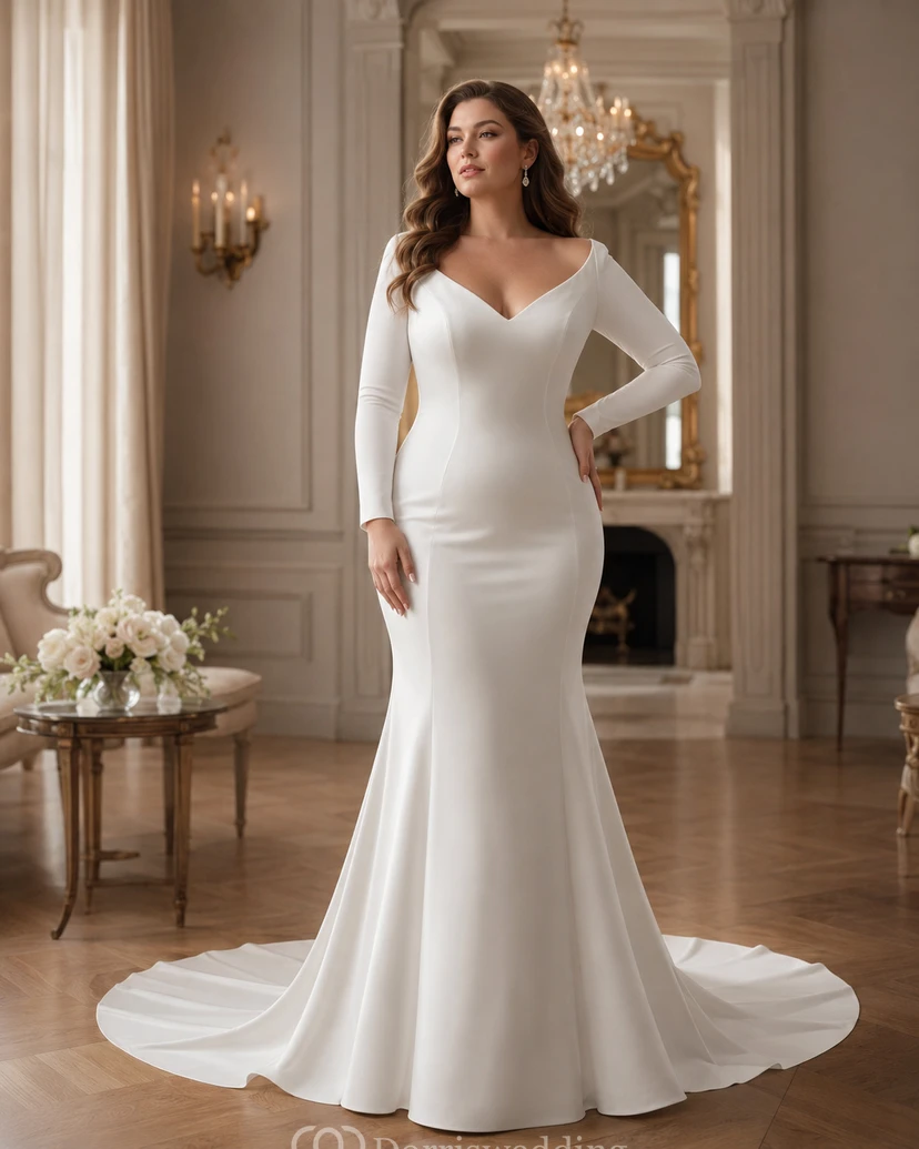 Simple Satin Long Sleeve Sheath Wedding Dress with Court Train and Keyhole Back