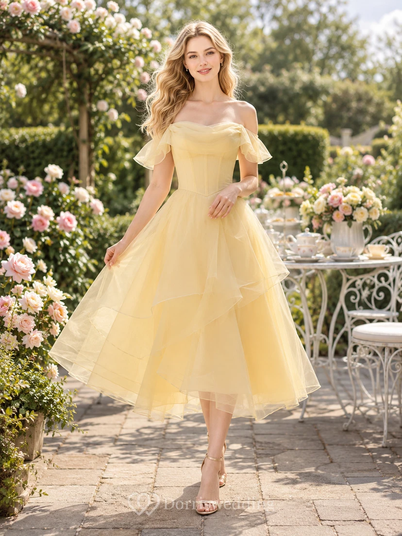 Yellow Off Shoulder Organza Tea Length Garden Party Dress
