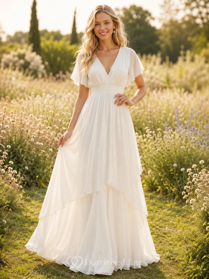 White Chiffon V-neck Short Sleeve A-Line High-low Asymmetrical Romantic Elegant Garden Layered Dress