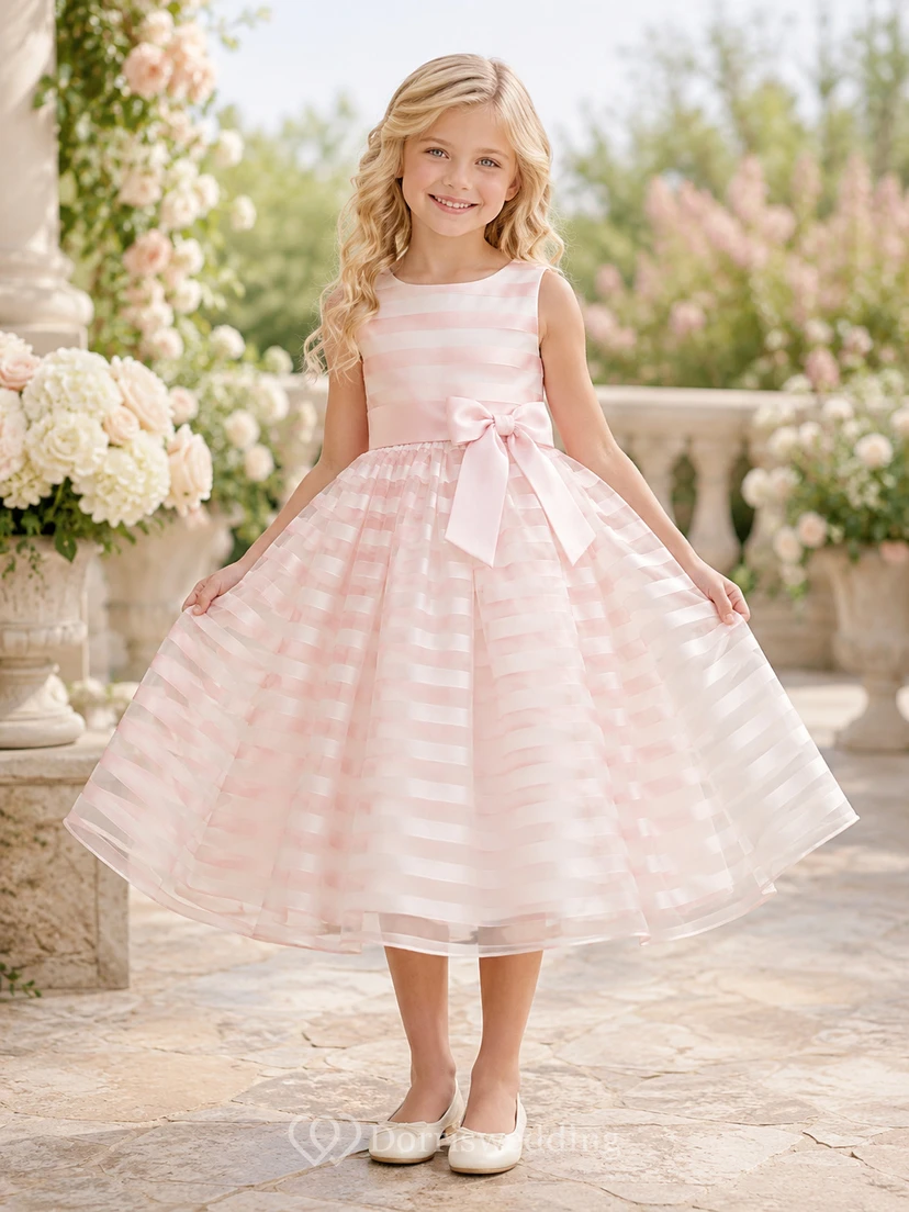 Pearl Pink Striped Organza A-Line Flower Girl Dress, Sleeveless Square Neck, Bow Sash, Tea-Length Garden