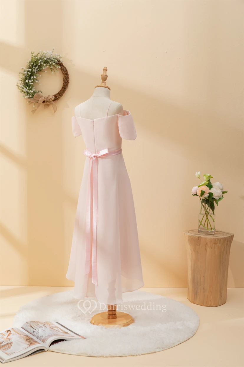 Chiffon Off-the-shoulder Spaghetti Casual Flowergirl Dress with Beaded Waist view 3
