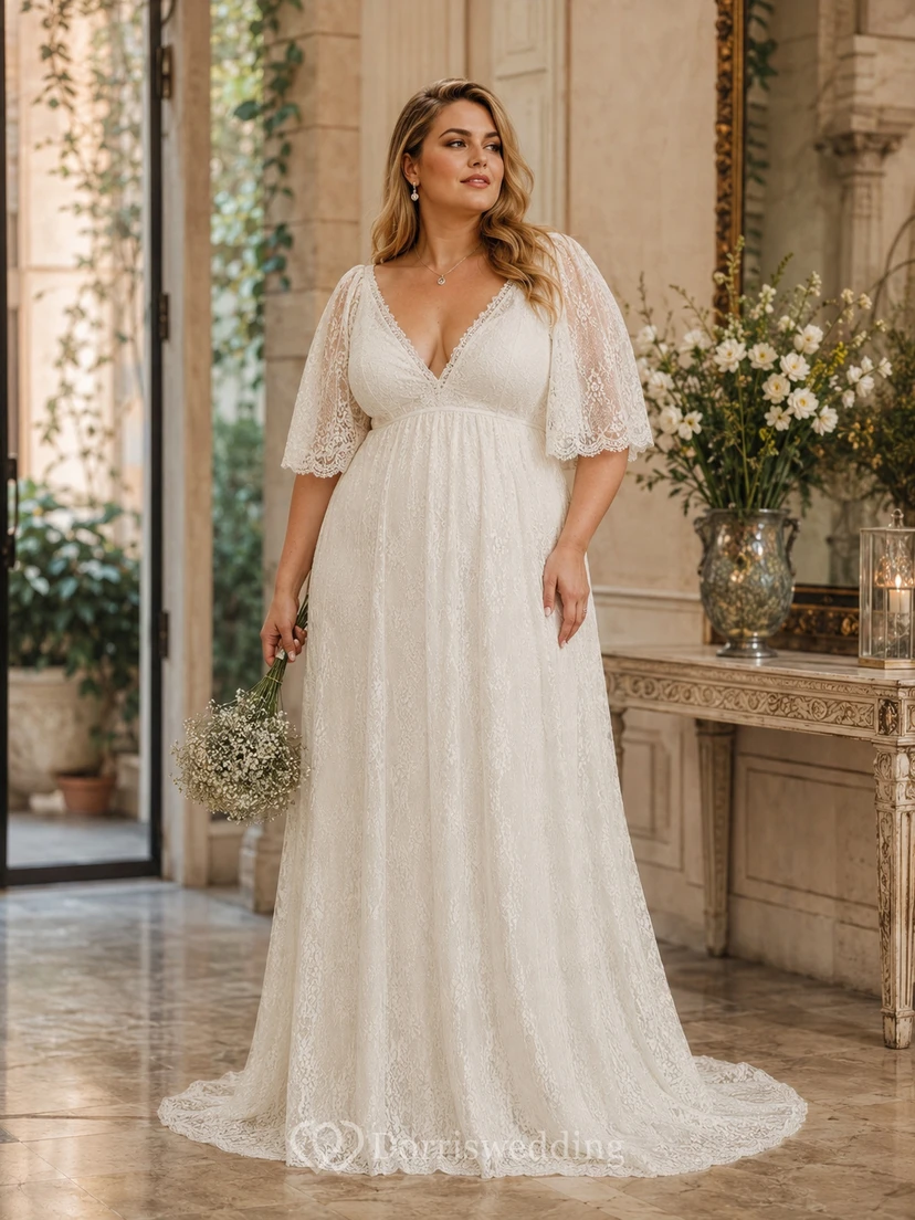 Half-sleeve V-neck Lace Boho Country Empire Wedding Dress view 4