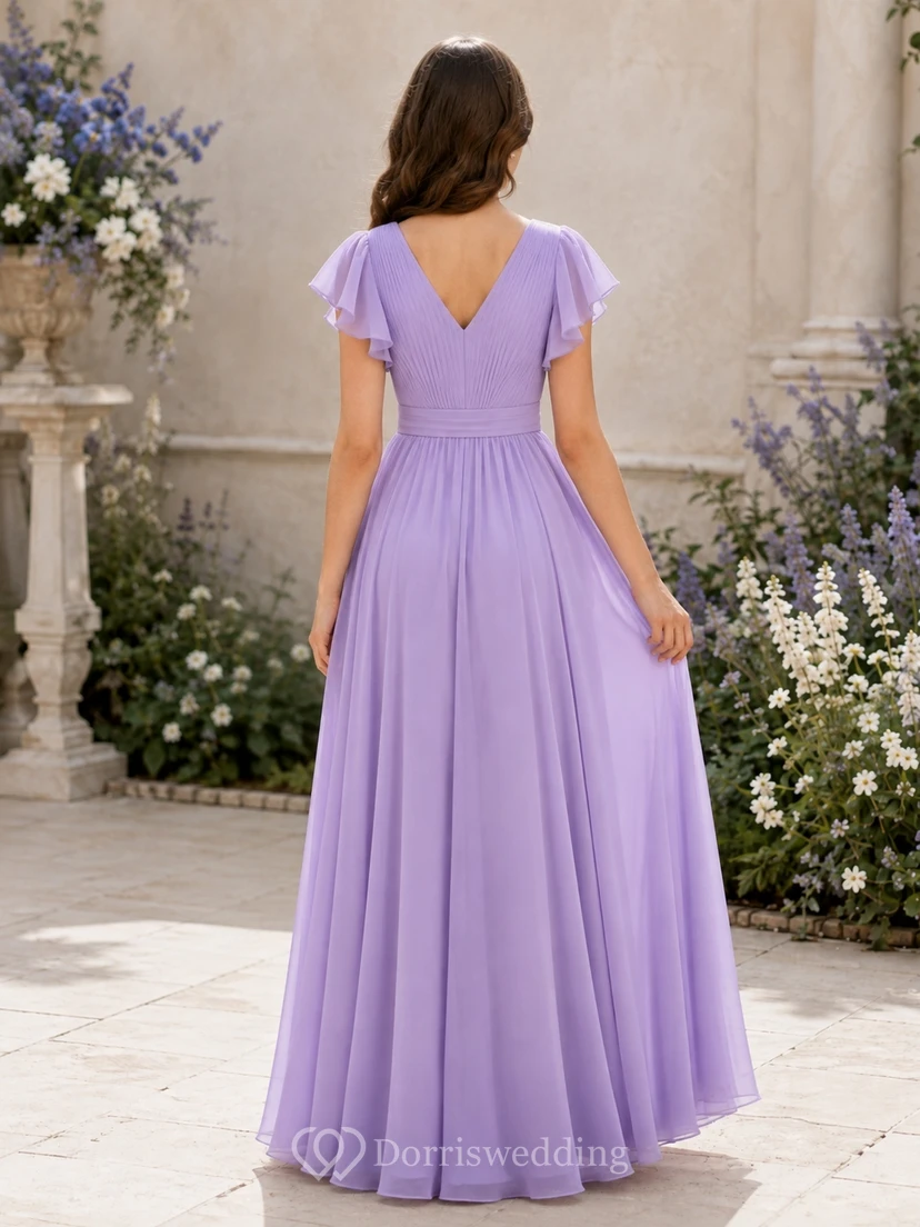 Lavendelfarbenes Brautjungfernkleid für junge Damen, A-Linie, V-Ausschnitt, kurze Ärmel, Rüschen, elegant, formell view 2
