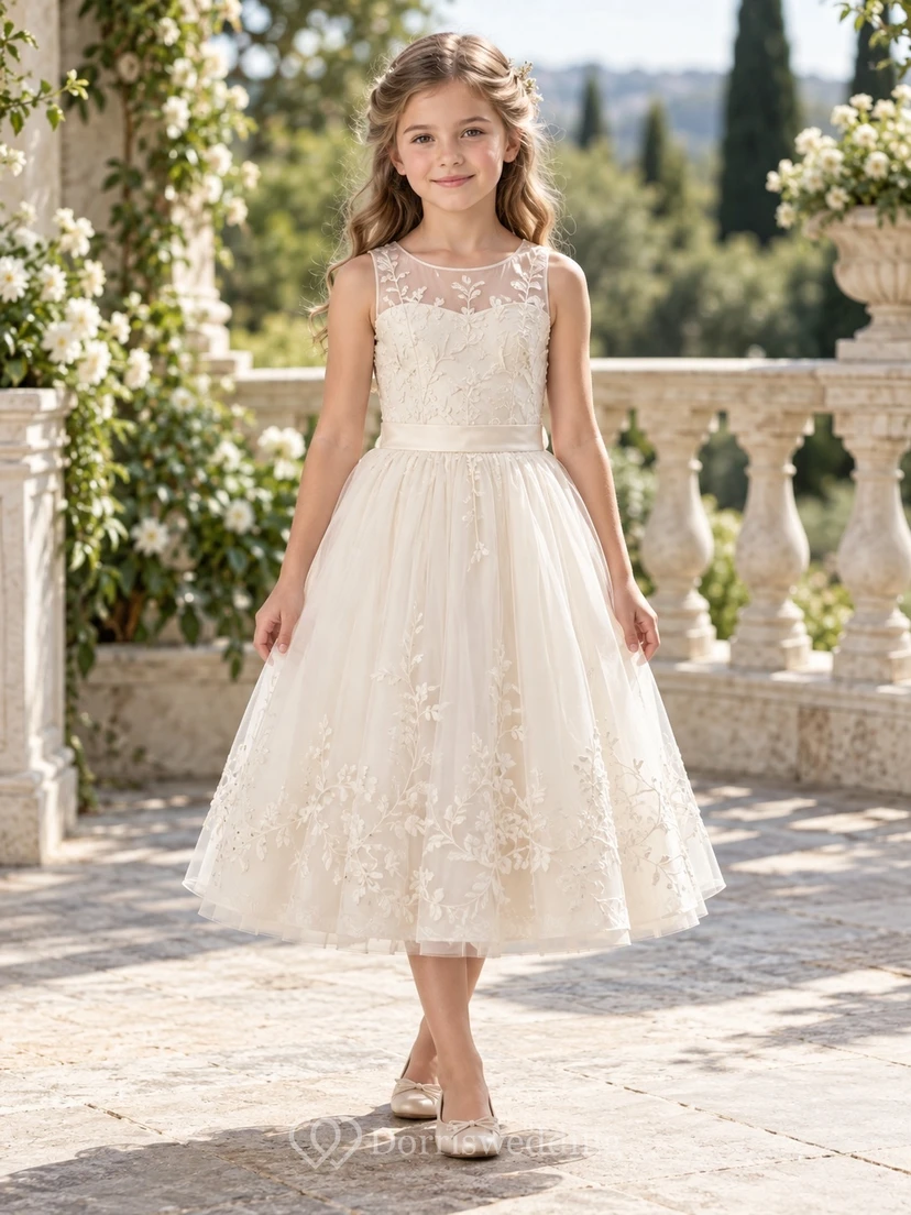 Modest Tea-length Ivory Sleeveless Floral Hem Illusion Lace Tulle Flower Girl Dress