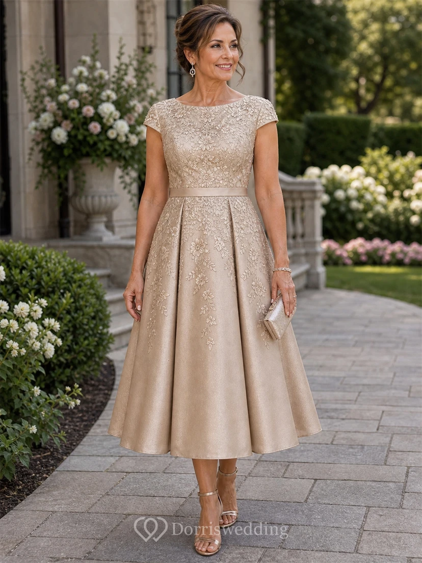 Champagne Lace Cap Sleeve Tea-Length Formal Dress view 6