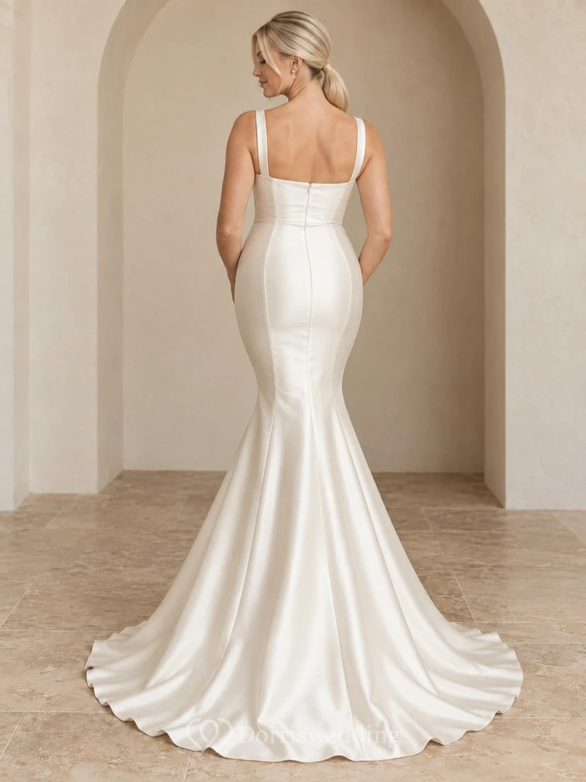 Robe de mariée de maternité sirène simple à encolure carrée et bretelles en satin avec traîne view 2