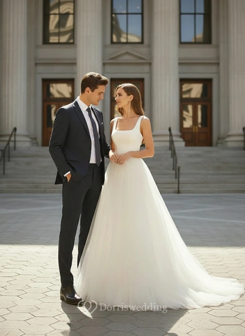 Schlichtes Ballkleid-Hochzeitskleid mit weitem Rock