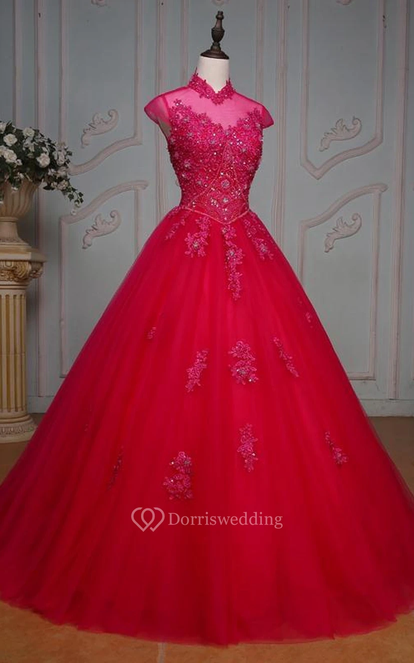 Ball Gown Floor-Length High Neck Bell Cap Beading Appliques Corset Back Tulle Lace Dress view 3