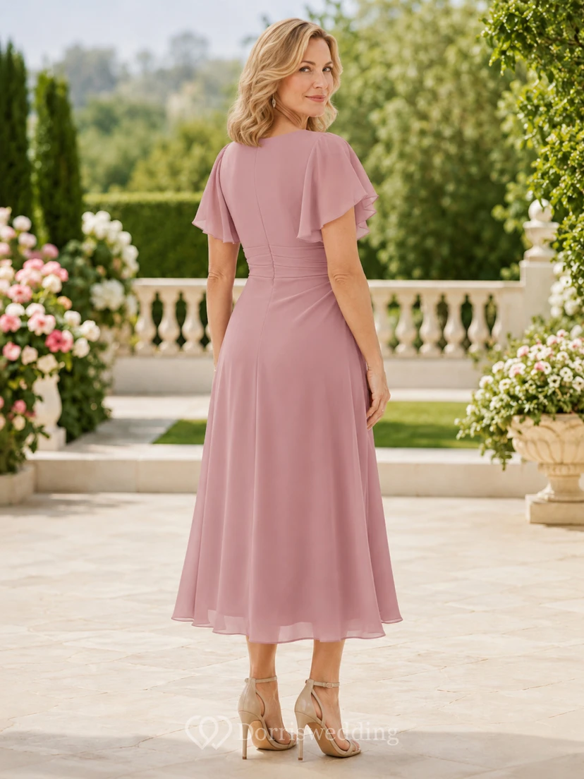 Romantisches, wadenlanges Chiffonkleid in Altrosa mit V-Ausschnitt, flatternden Ärmeln und geraffter Taille – perfekt für die Mutter der Braut. view 2