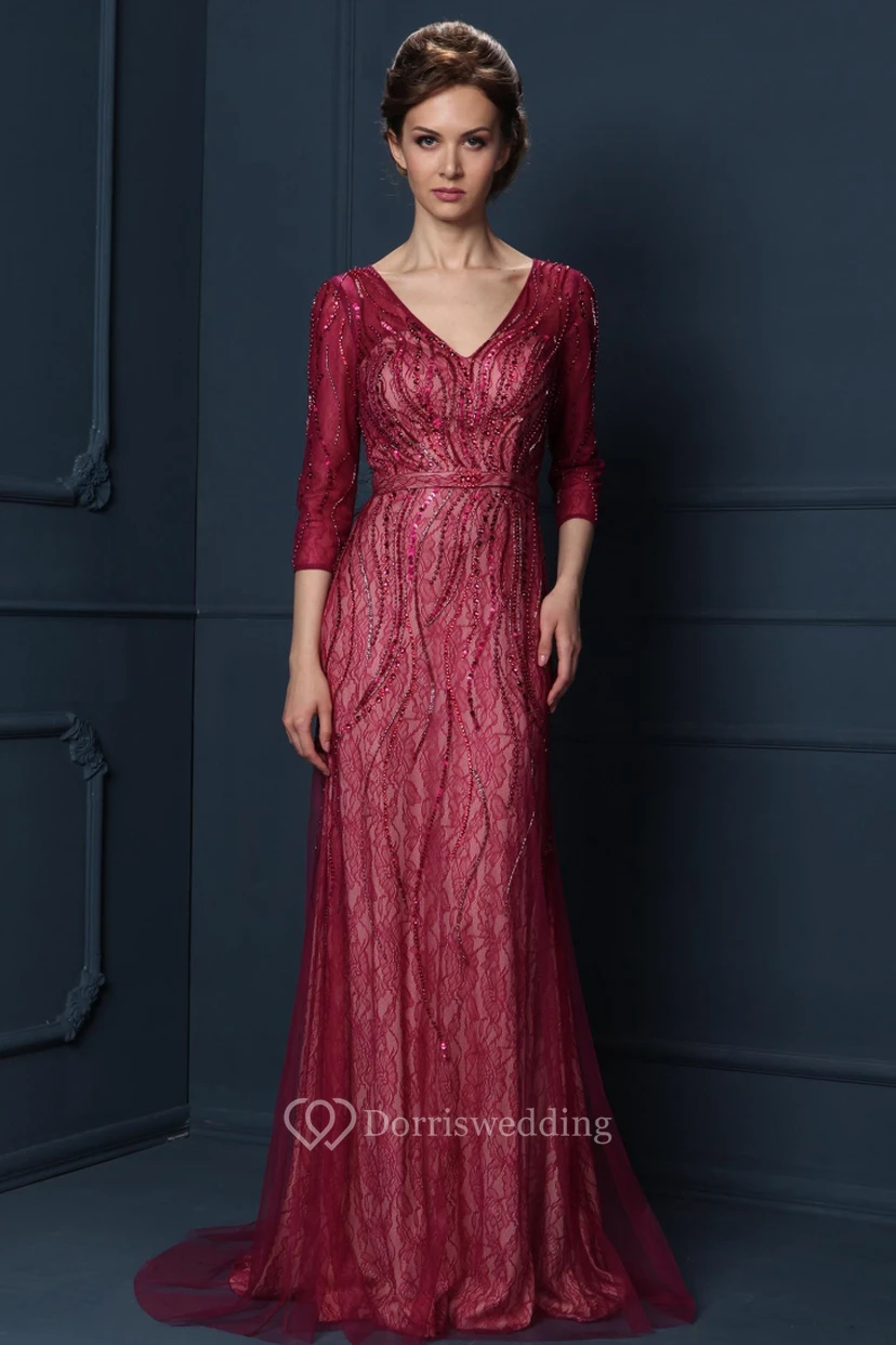 Beaded V-Neck 3-4 Sleeve Tulle Mother Of The Bride Dress With Brush Train