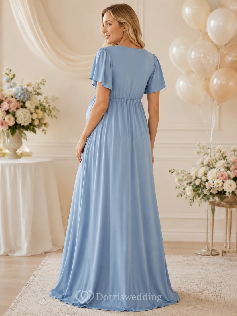 Robe longue de maternité bleu acier, confortable pour l'allaitement, à col V et manches papillon, en mousseline, style portefeuille, col V view 2