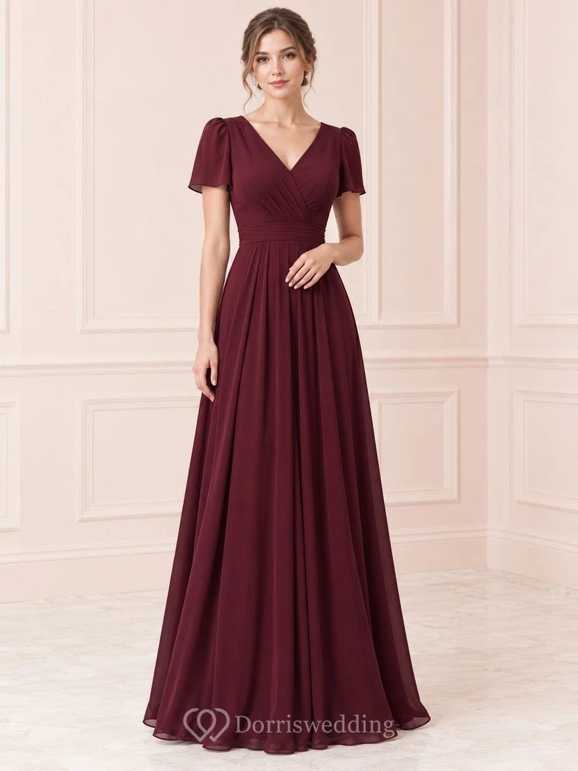 Vestido de dama de honor largo hasta el suelo, de gasa fruncida, con escote en V y mangas con volantes, color burdeos discreto.