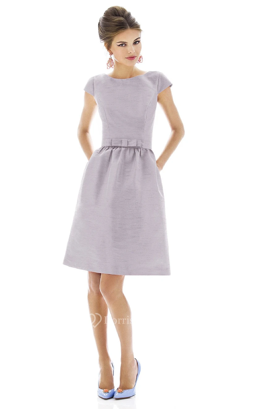 Sleeved-High-Neck A-Line Short Short Dress With Low-V Back view 3