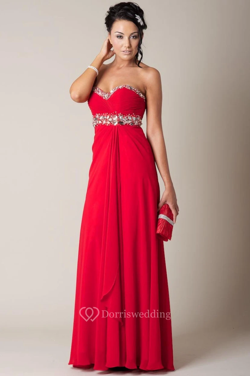 A-Line Ruched Maxi Sleeveless Sweetheart Chiffon Prom Dress With Beading And Draping