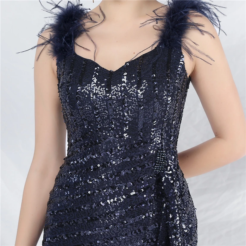 Evening Dress Craft Beaded Ostrich Feather Sequined Side Slit Evening Dress view 44