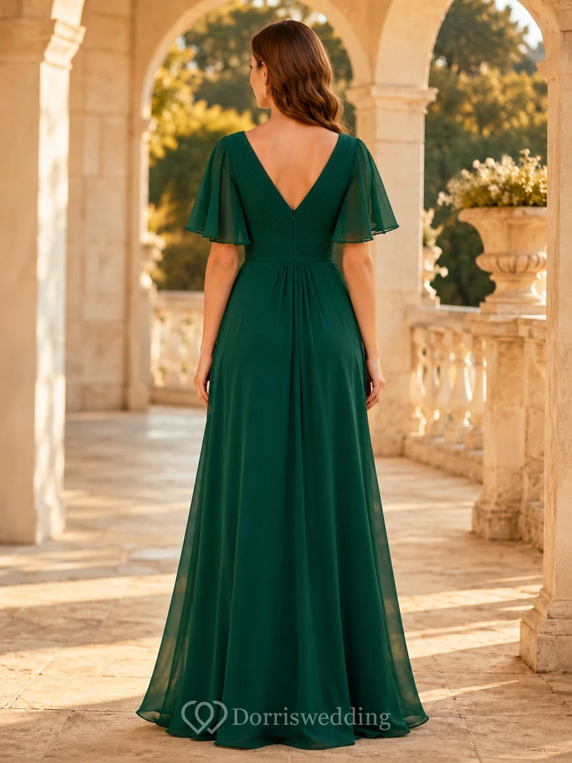 Dunkelgrünes Chiffon-Abendkleid mit V-Ausschnitt und flatternden Ärmeln view 2