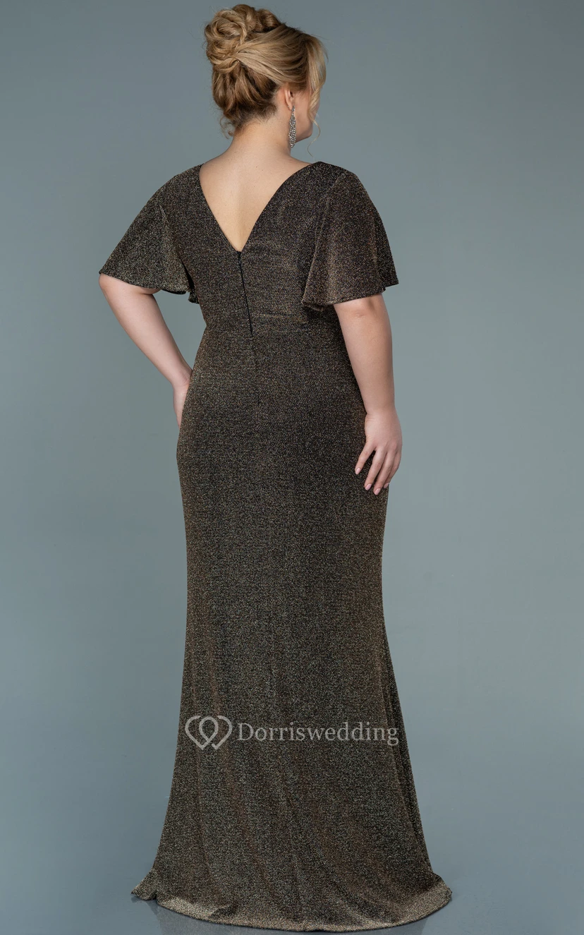 Poet-sleeve V-neck Sequin Ruched Slit Front Plus Size Evening Dress view 7