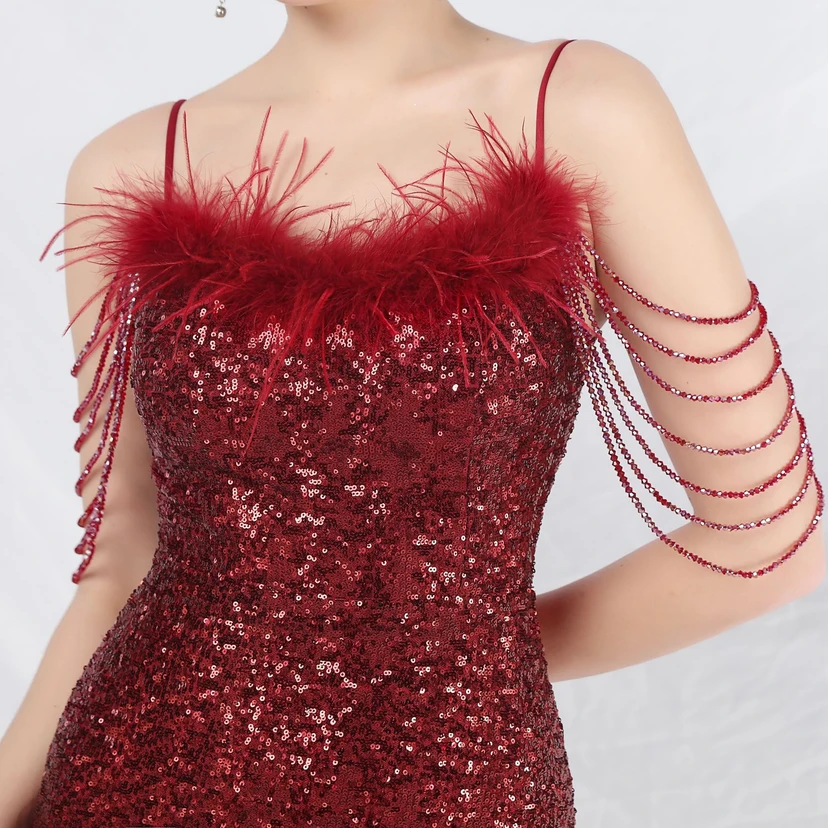 Craft Beaded Ostrich Feather Fantasy Sequined Long Evening Dress view 18